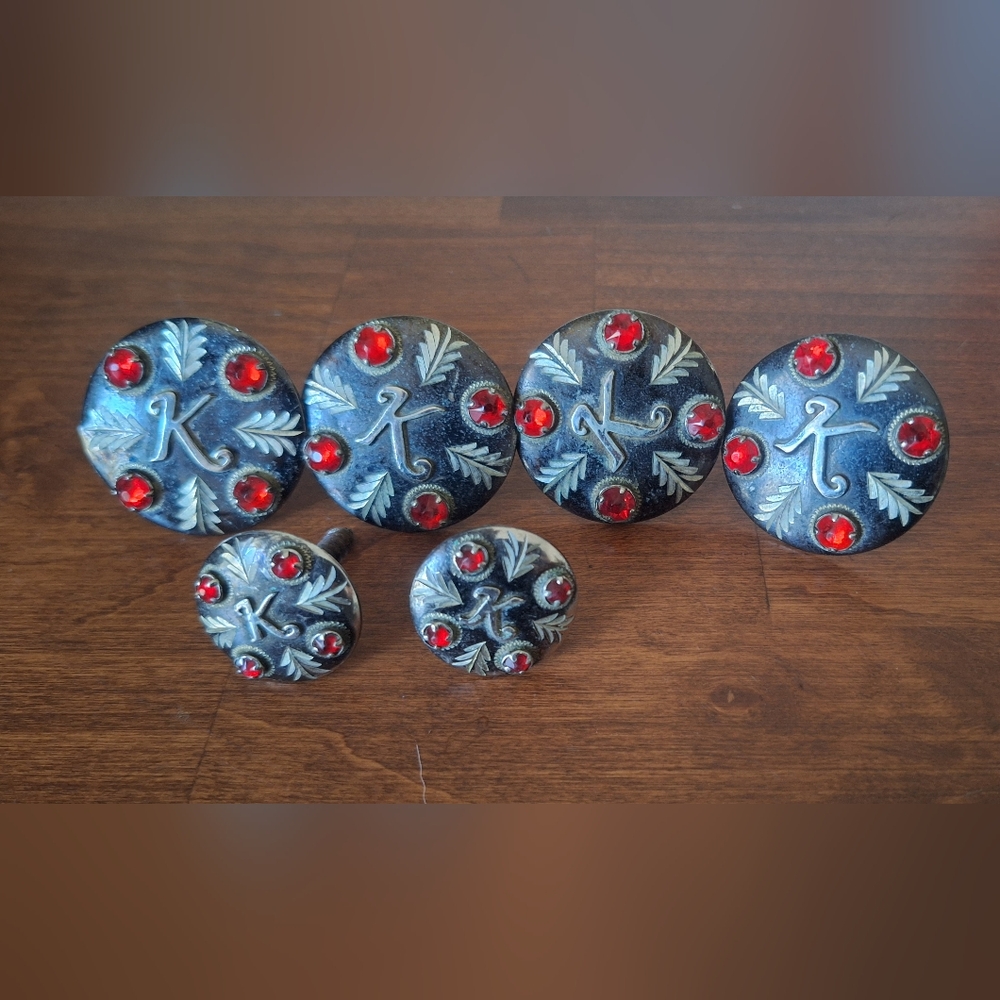 Set of 6 Western Saddle Conchos Screwback Corriente Saddle Red Stone Initial "K"